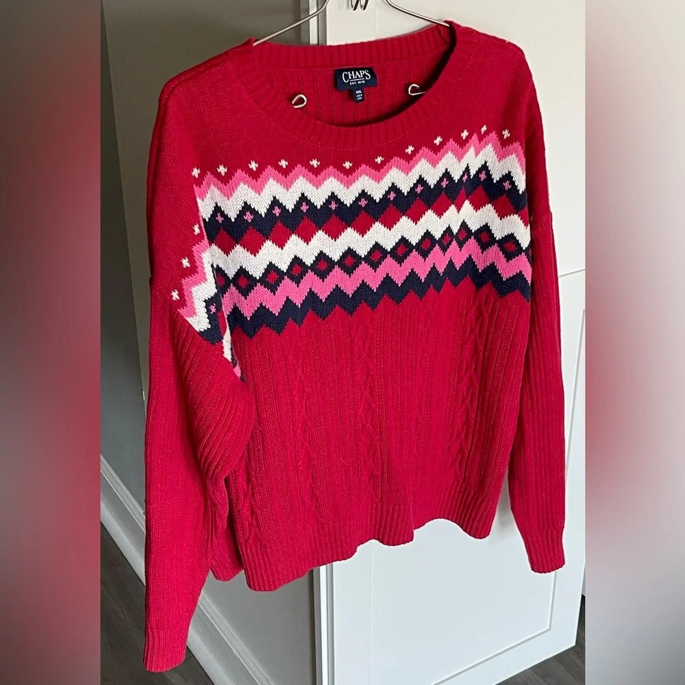 Chaps Knit Cotton Blend Long Sleeve Sweater Red White Pink Navy Women’s XXL